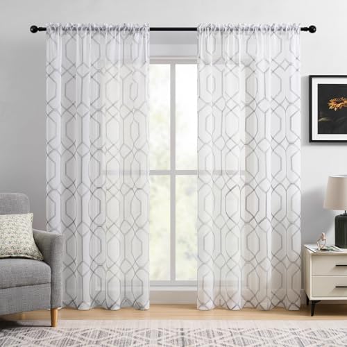 Grey and White Geometric Sheer Curtains 96 Inches Long Gray