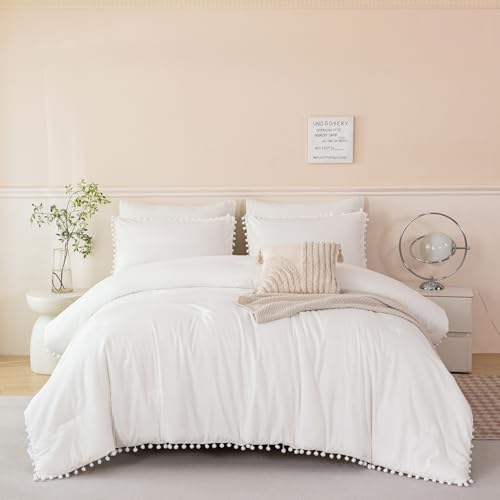 PERFEMET Ivory Bed in A Bag Queen 5 Pieces Pom Pom Boho Bed Set for