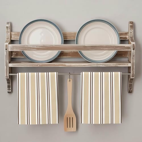 Sand Beige Stripes Kitchen Towels Set of 3, Brown White Khaki Lines