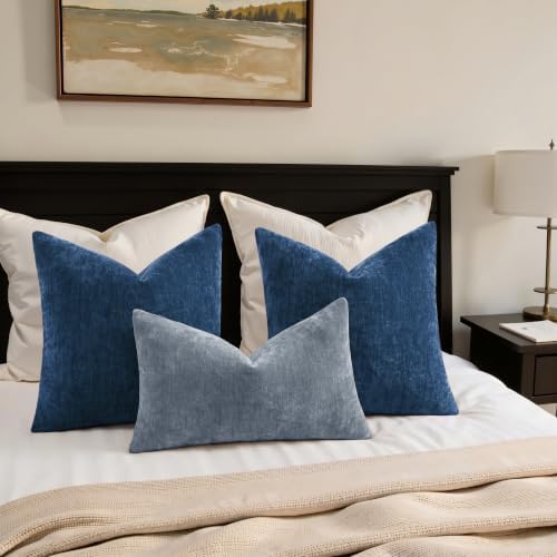 decorUhome Soft Chenille Navy Blue Throw Pillow Covers 22X22 Set of 2