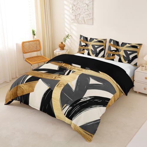 Feelyou Black Gray Gold Duvet Cover King Size Abstract Bedding Set for