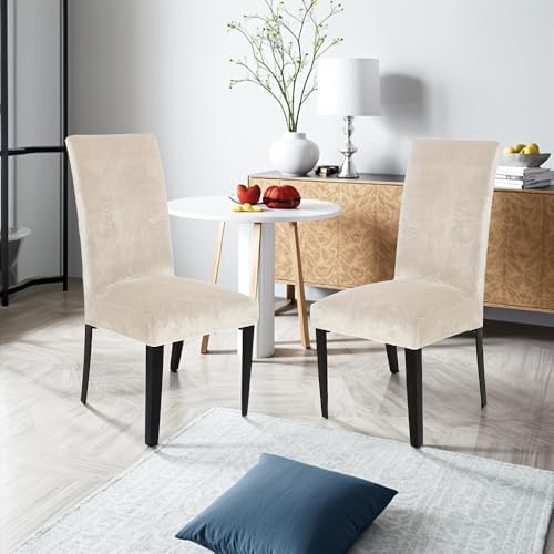Soft Thick Cream Solid Velvet Dining Chair Covers Parson Stretch Chair