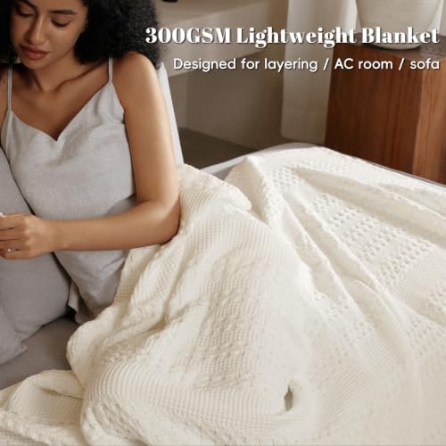 PHF Lightweight 100% Cotton Waffle Blanket for Bed, King, Ivory