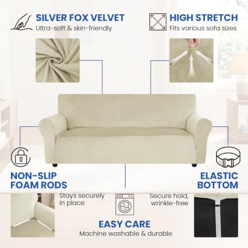 XINEAGE Velvet Sofa Cover, Stretch Washable Slipcover for Pets,Beige
