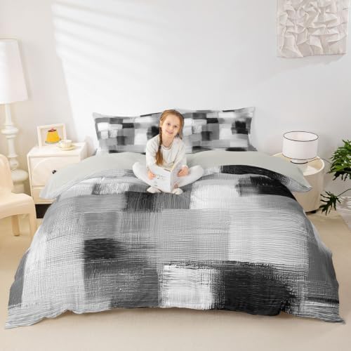 Feelyou Geometric Duvet Cover Queen Size Abstract Gray Plaid Comforter