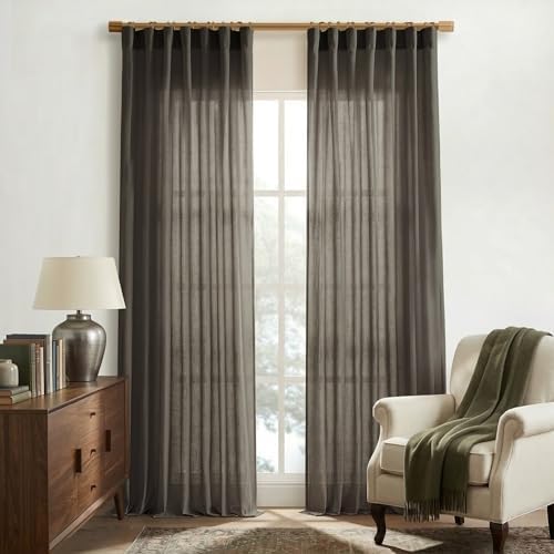 XTMYI Chocolate Brown Curtains 96 Inches Long 2 Panel Set,Sheer Linen