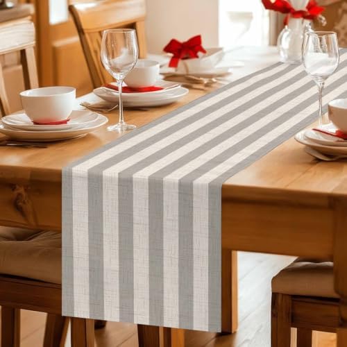 Gray Beige Striped Table Runners 90 Inches Long, Modern Burlap Texture