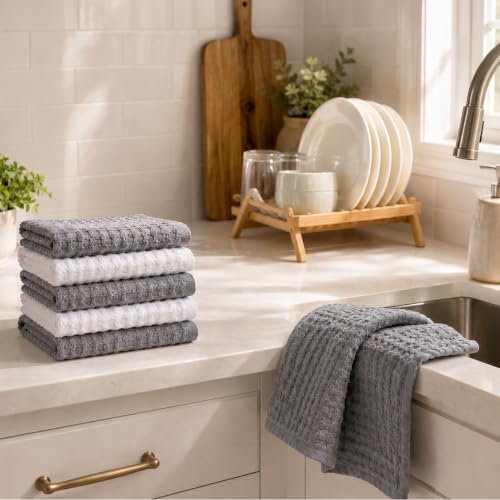 Nora Waffle Kitchen Towels Set of 6, Absorbent 18x28 Inch, Grey and