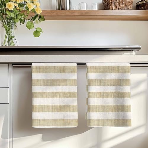 Cream Striped Kitchen Towels Set of 3, Absorbent Microfiber Soft Dish