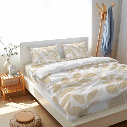 Beige Leaves Queen Size 4 Piece Duvet Cover Set, Summer Farmhouse