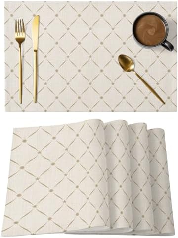 Beige Plaid Placemats Set of 4, Cotton Linen Fabric Place Mats