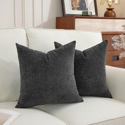 TAOSON Set of 2 Black Chenille Throw Pillow Covers, 18x18 Inch Sparkle