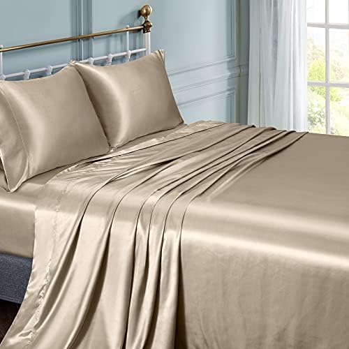 Vonty Satin Queen Taupe Sheets, Fitted + Flat + 2 Pillowcases