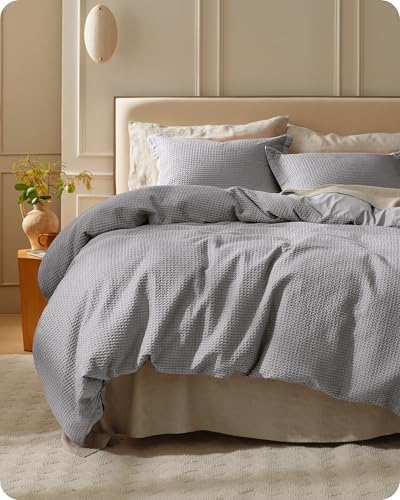 Bedsure PureWoven 3 Pieces 100% Cotton Waffle Duvet Cover Set, Queen