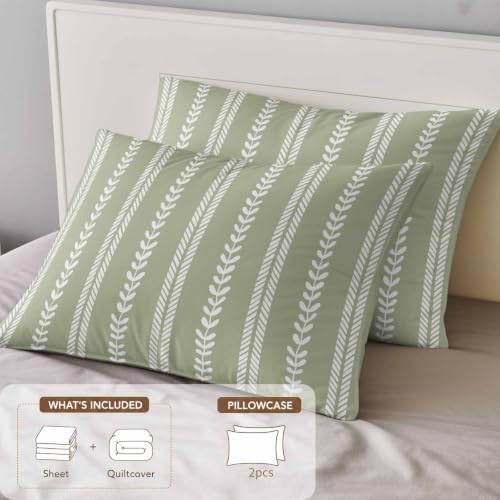 Leaf Stripes California King 4 Piece Duvet Cover Set, Botanical Rustic