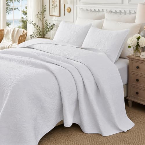 Brandream White Botanical Cotton Quilt Set King Floral Stitched Quilts