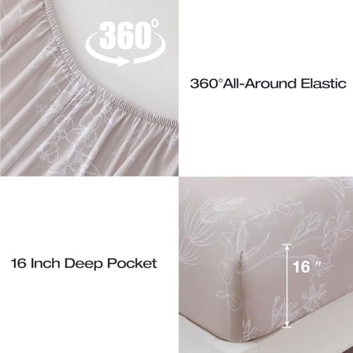 Yibeizi Taupe Floral Sheets King Size Boho Patterned Bed Sheet Set