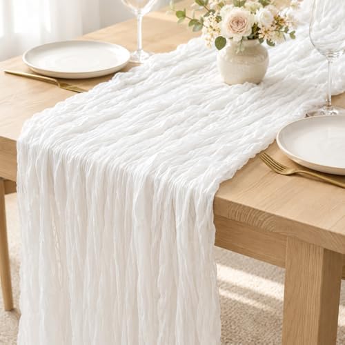 Sioloc Ivory White Cream Cheesecloth Table Runner 120'' x 35'', Spring