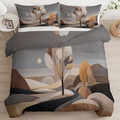 King Duvet Cover Set - Minimalism Nature Trees Bedding Grey, 3 Piece