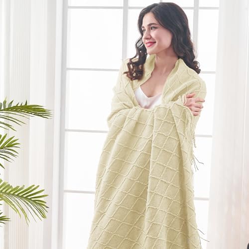 inhand Cloud Cream Knitted Throw Blanket for Couch and Bed, 50"x60"