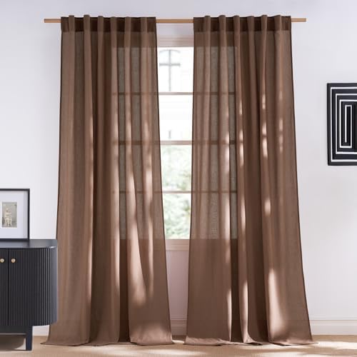 NICETOWN Gold Brown Linen Semi Sheer Curtains 96 inche Long, Rod