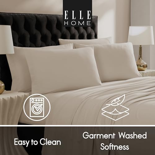 ELLE Decor Queen Garment Washed Microfiber Sheet Set, 6-Piece, Taupe