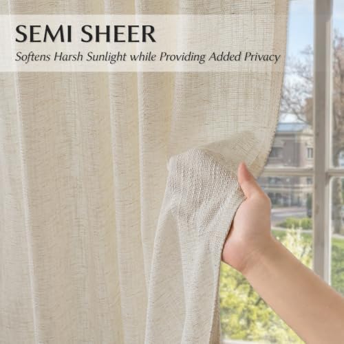 Beige Semi Sheer Light Filtering Linen Curtains 84 Inches for Living
