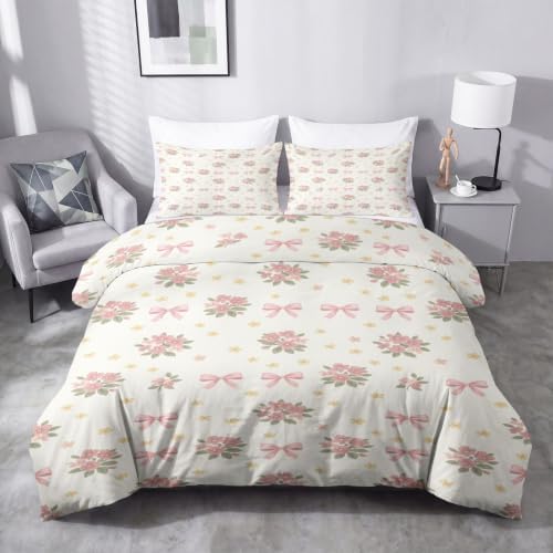 King Duvet Cover Set Soft Microfiber Pink Flowers