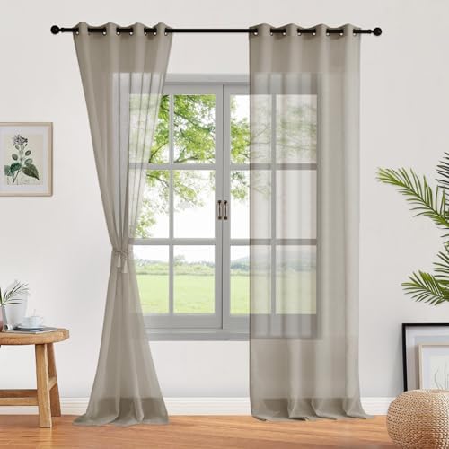 Fcosie Natural Flax Textured Stripe Sheer Curtain 63 inches Length