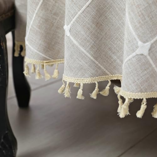 Living Room Table Cloth Round 70 inch, Linen Look with Stripes