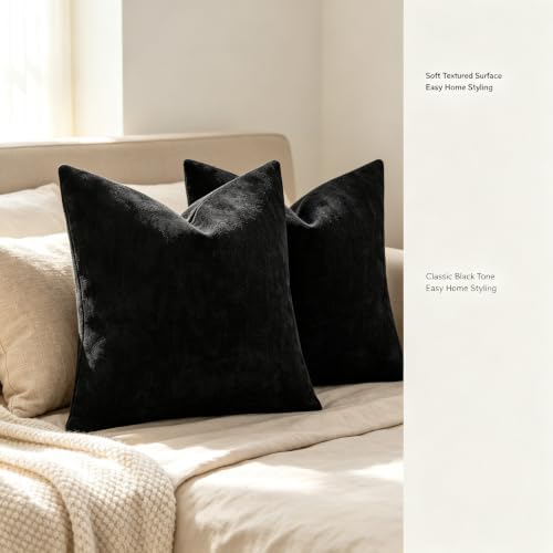 Chenille Decorative Throw Pillow Covers 18x18 Set of 2 Black