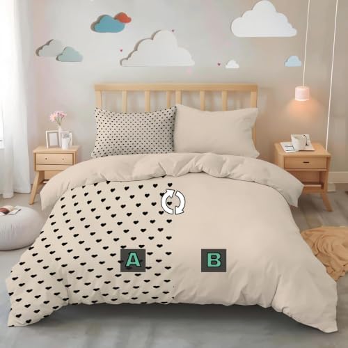 Beige Simple Little Heart Duvet Cover Set for Women Girls 3 Pcs Cute