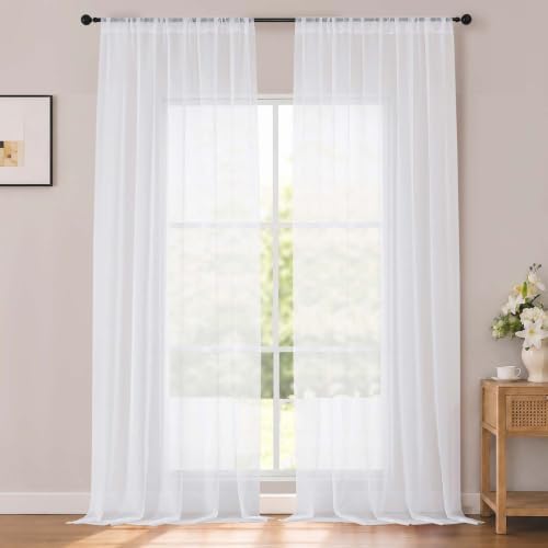 OWENIE White Sheer Curtains 108 Inches Extra Long 52" Width 2 Panels