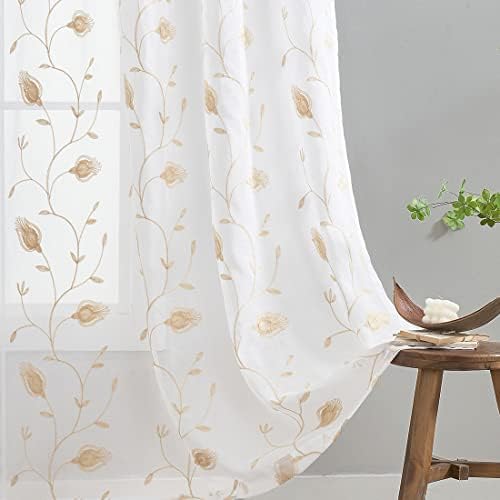 Floral Embroidery Beige Sheer Curtains 84 Inches Long, Rod Pocket