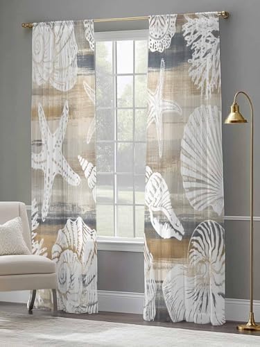 Beige Grey Coastal Semi Sheer Curtains 108 inch length 2 panels set