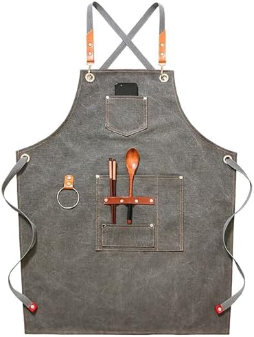 Cotton Canvas Apron, Adjustable Work Apron with 3 Pockets for Men