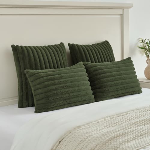 FUTEI Pack of 2 Faux Fur Throw Pillow Covers 22x22 Inch, Olive Green