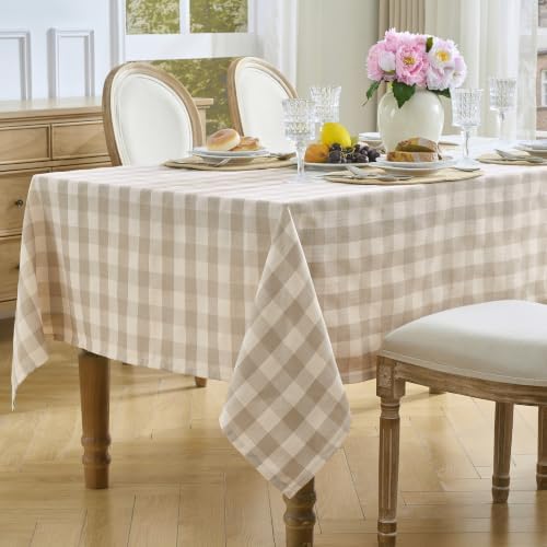 Beige Gingham Tablecloth, 60 x 60 Inch Square, Checkered Tablecloth
