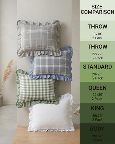 2 Pack Ruffled Gingham Throw Pillow Covers 18x18 Green Plaid
