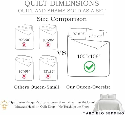 MarCielo 3-Piece 100% Cotton Oversized Bedspread Lightweight Quilt