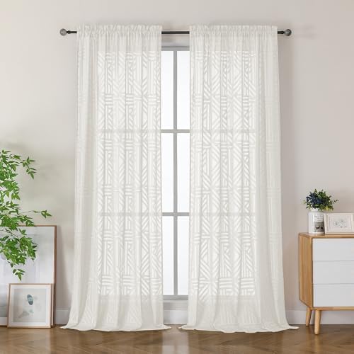 Simplebrand Semi Sheer Ivory Curtains 96 Inches Long 2 Panels, Light