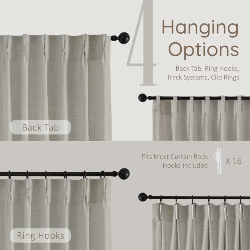 Pinch Pleated Semi Sheer Linen Curtains 108 Inches Long, Light Grey