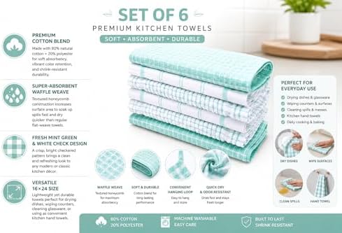 HOMEFRONT Aqua Green & White Kitchen Towels Set of 6, Cotton Blend