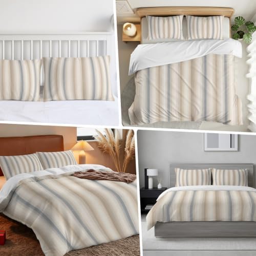 Duvet Cover Queen Size, Brown Gray Striped 3-Piece Bedding
