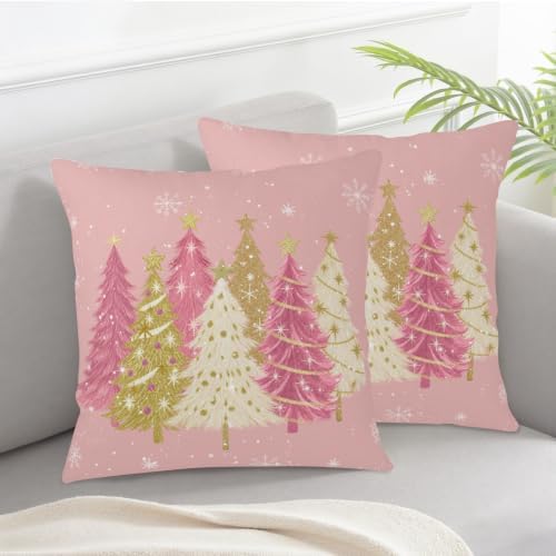 Pink Christmas Tree Pillow Covers 20x20 Set of 2 Xmas Pillow Cases