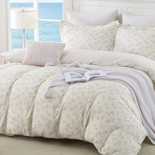 JOLLYVOGUE Floral Duvet Cover Queen, 3Pcs Reversible Beige Duvet Cover