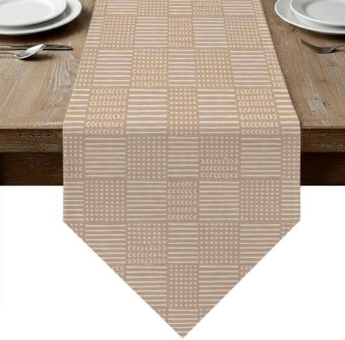 Beige Gingham Table Runner 108 inches Long Country Vintage Minimalist