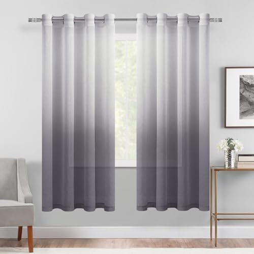 DWCN Grey Ombre Sheer Curtains 63 Inches Long for Living Room 2 Panels