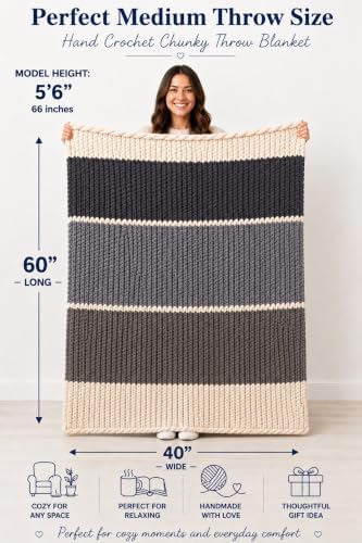 Handmade Chunky Crochet Blanket Gray Charcoal Ivory 60x40 Chenille