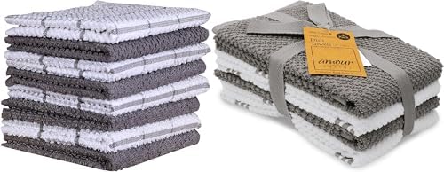 AMOUR INFINI Bundle Pack of 4 Terry Dish Towels + 8 Dish Cloths Highly